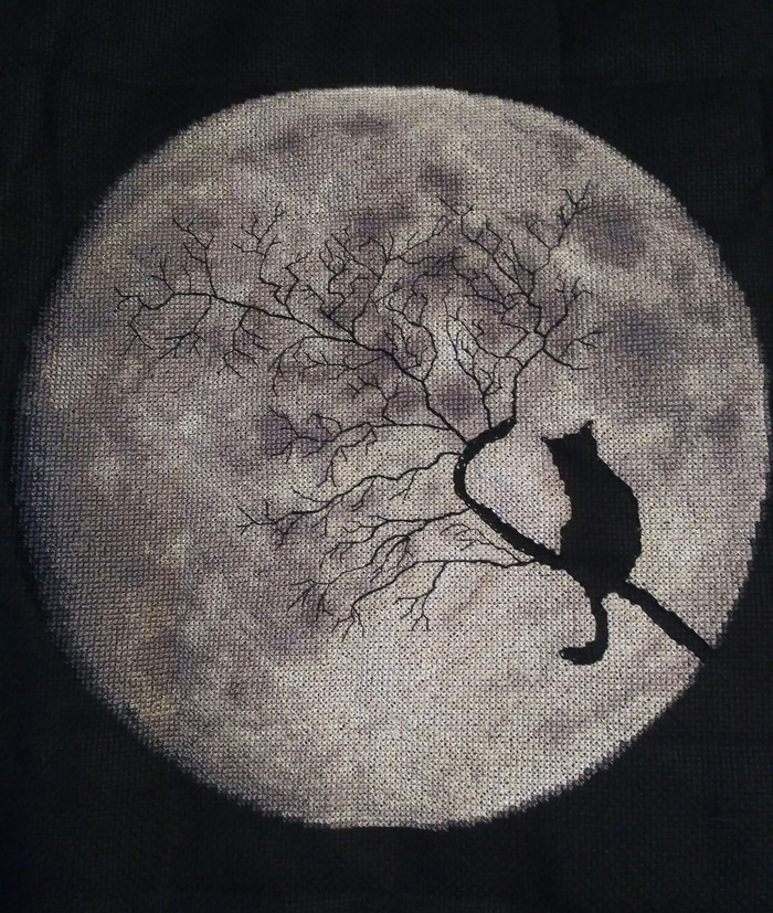 Moonlight night - My, Needlework, Cross-stitch, Embroidery, cat