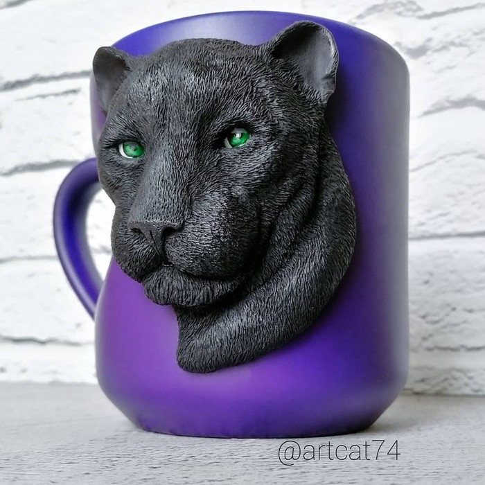 Panther made of polymer clay on a mug - My, Polymer clay, Mug with decor, Кружки, Panther, With your own hands, Handmade, Portrait by photo, Longpost