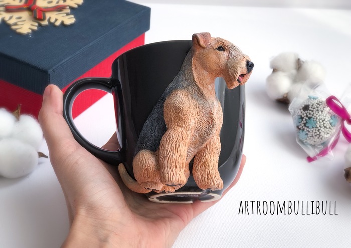 Lakeland Terrier made of polymer clay. - My, Polymer clay, Mug with decor, Handmade, Lakeland Terrier, Airedale Terrier, Longpost, Needlework without process