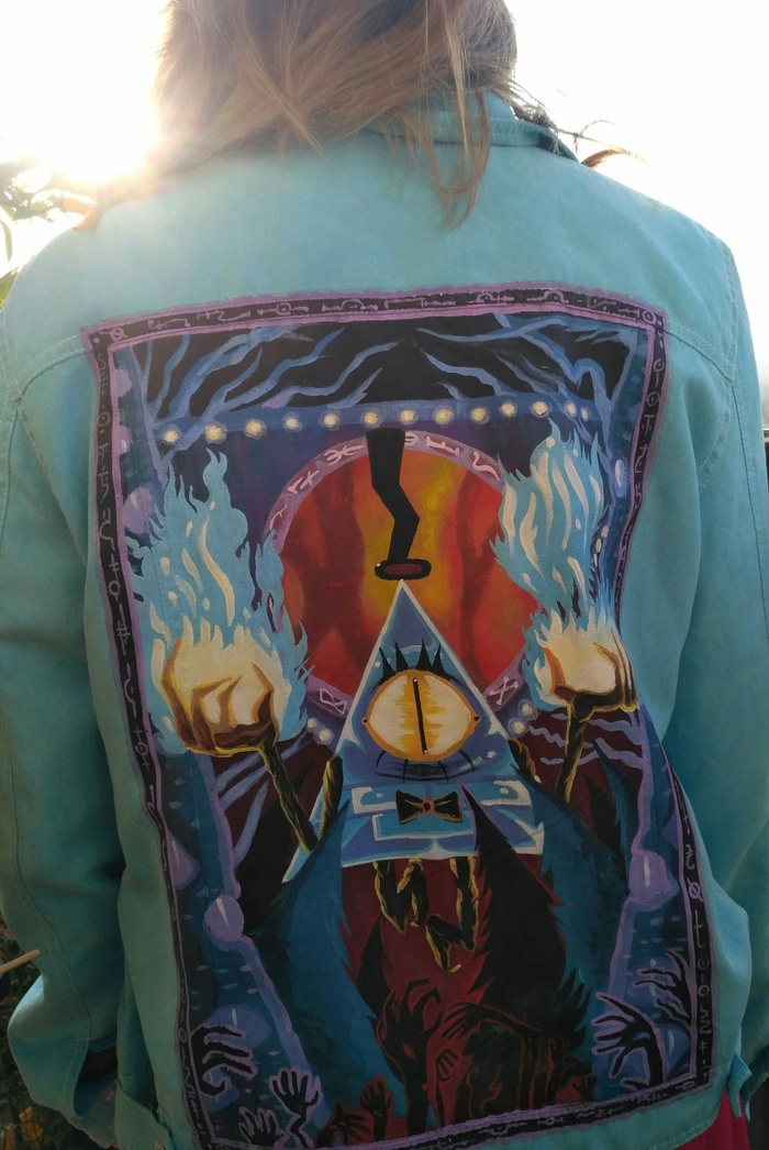 Painted jacket based on Gravity Falls. - My, Painting on fabric, Copy, Gravity falls, Longpost, Animated series, Bill cipher, Cartoons, Painting, Jacket