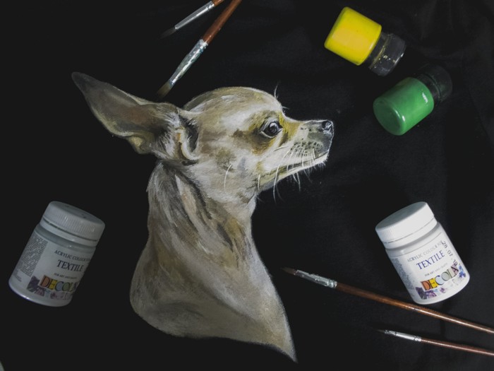 Портрет пёселя на футболке Собака, Рисунок, Рукоделие без процесса, Роспись по ткани