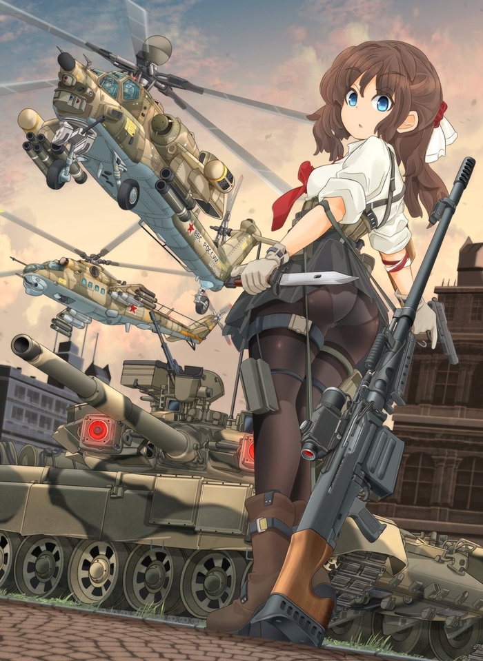 With domestic weapons - Art, Anime, Anime art, Military, Military equipment, Weapon