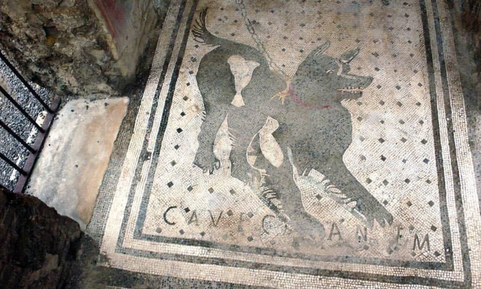 Один из старейших в мире знаков «Берегись собаки», найденный в руинах Помпеи, Италия