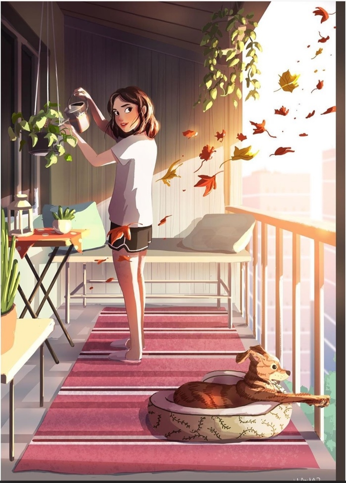 Autumn.. - Art, Yaoyaomva, Girls, Dog, Autumn, Drawing, Nature, Longpost