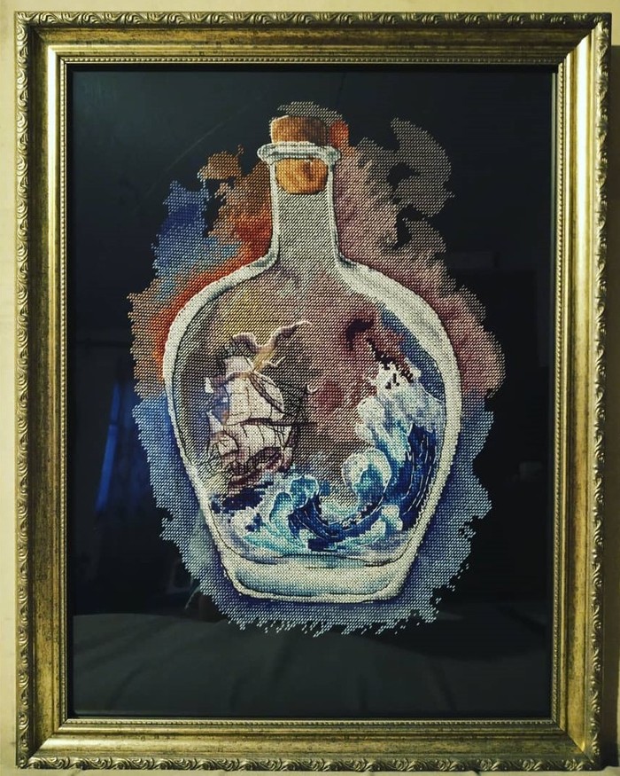 Embroidery Ship in a bottle - My, Embroidery, Cross-stitch, Author's work, Ship, Bottle, Handmade, Needlework without process, Longpost, Copyright