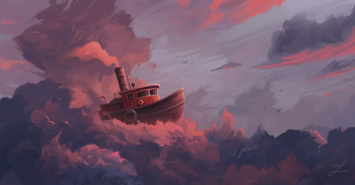 cloudy sea - Art, Drawing, Sea, Ship, Clouds, Zary-Cz