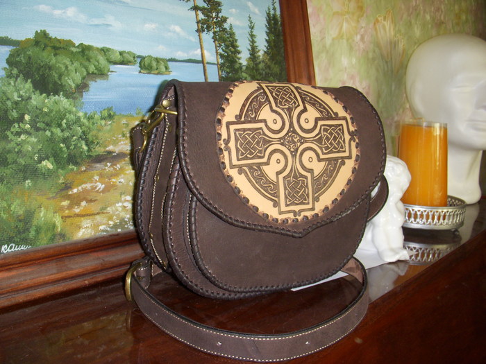 Leather bag - My, Сумка, Pyrography, Celtic Cross, Longpost