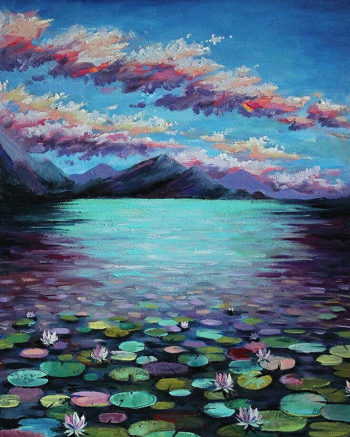 Water lilies - My, Painting, Landscape, Painting, Interior, The mountains, Longpost