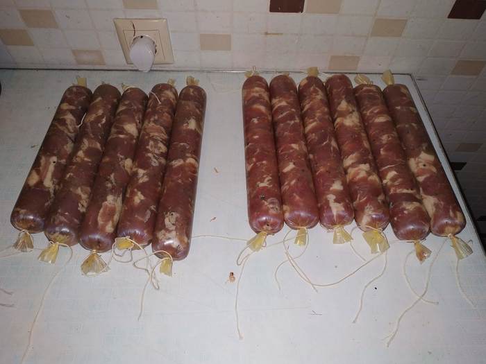 Raw smoked sausage Homemade - My, Sausage, Meat, Recipe, Homemade, Longpost