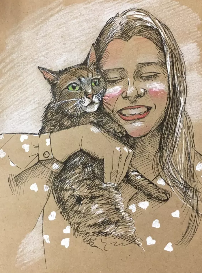 Kraft paper portraits - My, Graphics, Craft paper, , Longpost, Drawing, Portrait, Girls, cat, Luboff00