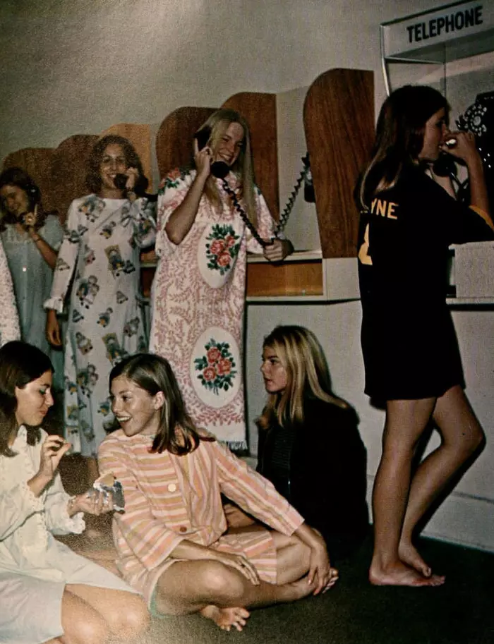 Late night phone calls in the girls' dorm. 1970s - Dormitory, Telephone, 1970, Old photo