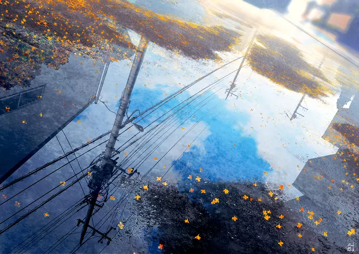 Sky mirror - Art, Autumn, Sky, Puddle, Mirror, Reflection, Mocha, Pixiv