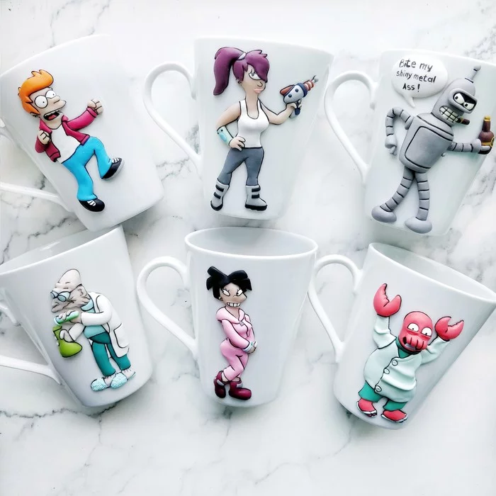 Futurama mug set) - My, Mug with decor, Handmade, Polymer clay, Futurama, Bender, Turanga Leela, Zoidberg, Fry, Longpost, Philip J Fry
