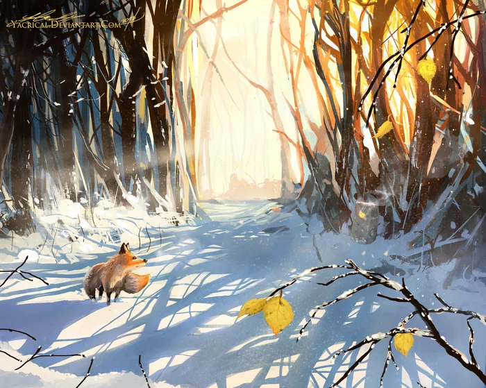 Gleam - Art, Fox, Forest, Autumn, Snow, Yacrical