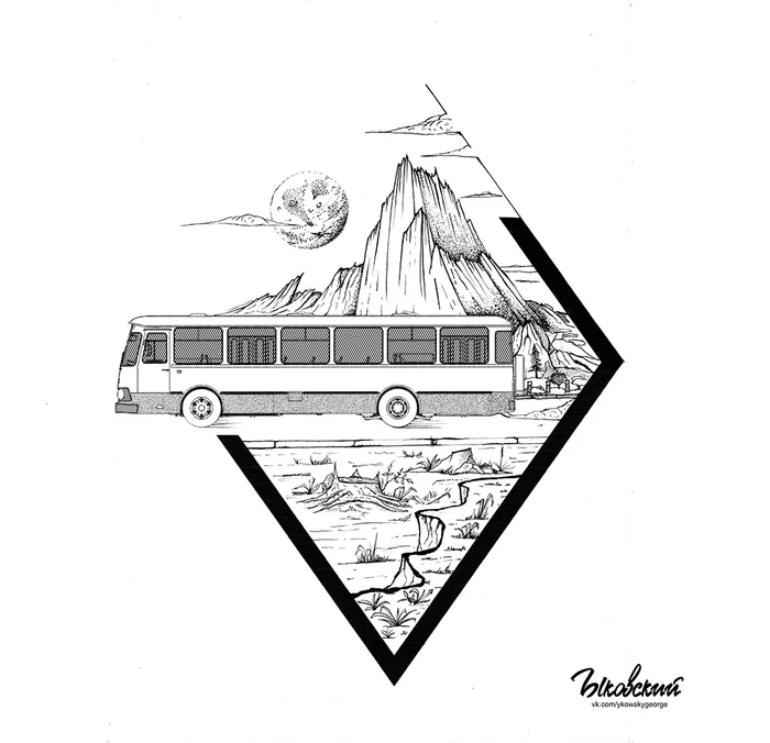 Liaz on the background of mountains. - My, Liaz, Bus, Art, Drawing, Graphics, The mountains, Landscape, Illustrations