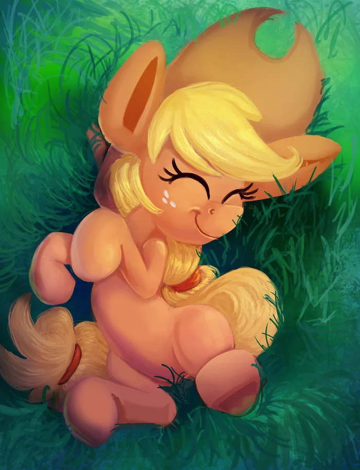 Яблочная понят лежит на травке - My Little Pony, PonyArt, Applejack, Thediscorded