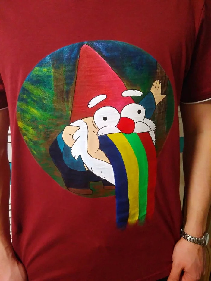 Gnome - My, Gravity falls, Cartoons, Gnomes, Rainbow, Painting, T-shirt, Painting on fabric, Animated series