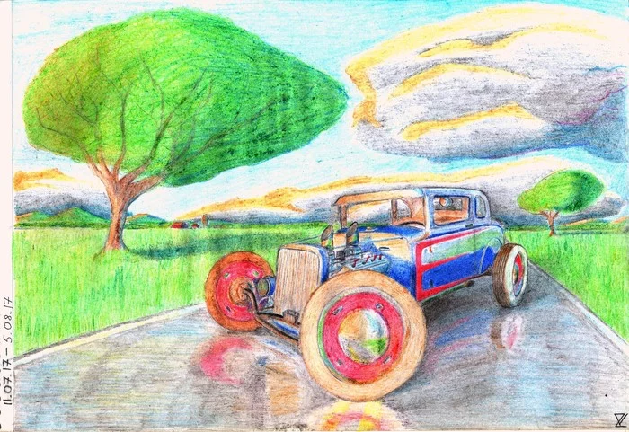 Hot rod. Drawing - My, Auto, Drawing, Hot Rod, Colour pencils