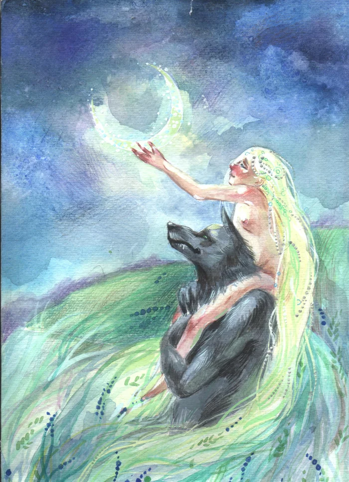 Werewolf and Moon Maiden - NSFW, My, Artist, Watercolor, Fantasy, Art, Werewolves, Girls, moon
