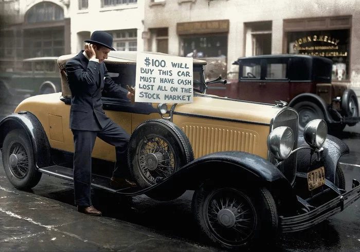 October 29, 1929 is the last day of the stock market crash that would become known as Black Tuesday. - Stock market, Collapse, Retro, Retro car