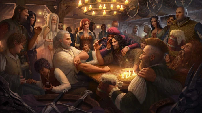 The Witcher and The Lord of the Rings - Art, Drawing, Witcher, Lord of the Rings, Crossover, Tavern, Arm wrestling, Two worlds