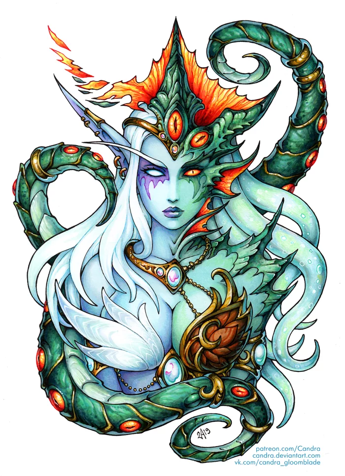 The Two Faces of Queen Azshara - Azshara, World of warcraft, Night elfs, Naked, Fantasy, Art, Drawing, Candra Gloomblade