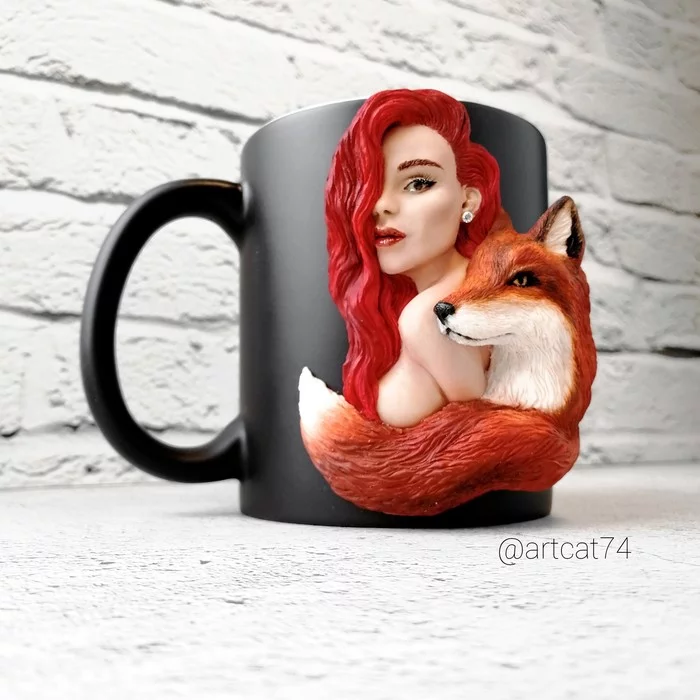 Mug with a girl and a fox - My, Polymer clay, Mug with decor, Girls, Portrait, Fox, Handmade, Video, Longpost