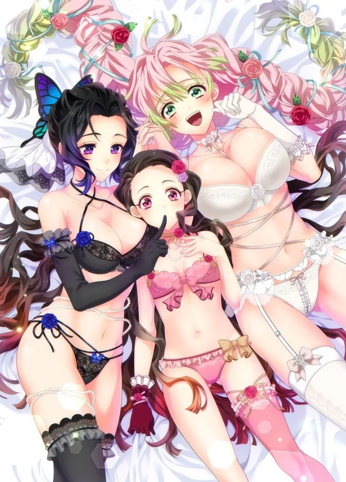 Anime Art - NSFW, Anime, Anime art, Kimetsu no yaiba, Nezuko Kamado, Kochou shinobu, Mitsuri Kanroji, Underwear, Breast