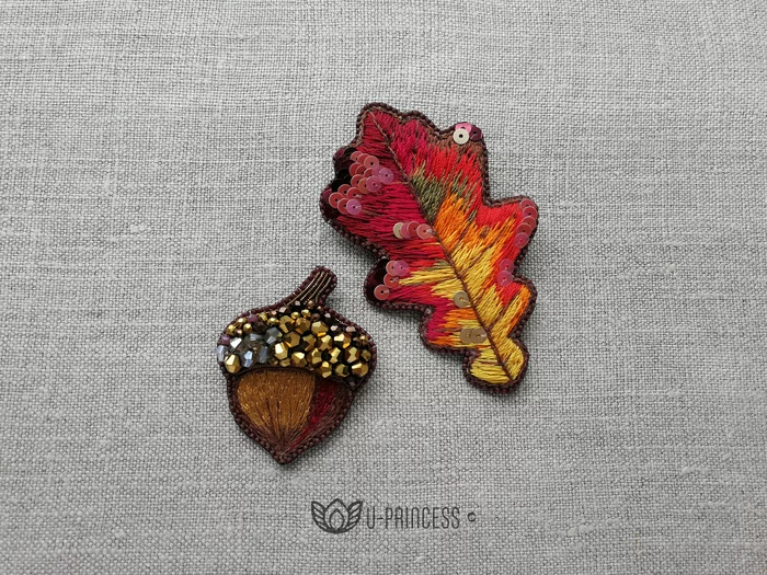 Autumn brooches - My, Satin stitch embroidery, Beads, Sequins, Handmade, Needlework without process, Acorn, Autumn leaves, Longpost