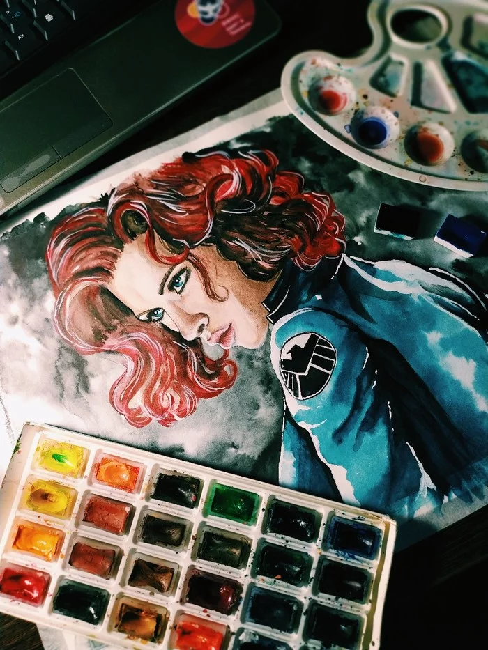 Black Widow | Marvel - Моё, Marvel, Черная вдова, Киновселенная Marvel, Скарлетт Йоханссон, Акварель, Портрет, Процесс рисования, Арт, Видео, Длиннопост