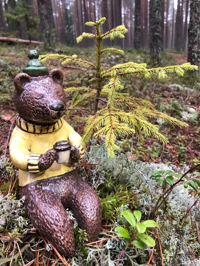 A bear drinks coffee in the forest ^_^ - My, Ceramics, Clay, White clay, Glaze, With your own hands, Sculpture, Longpost, Needlework without process