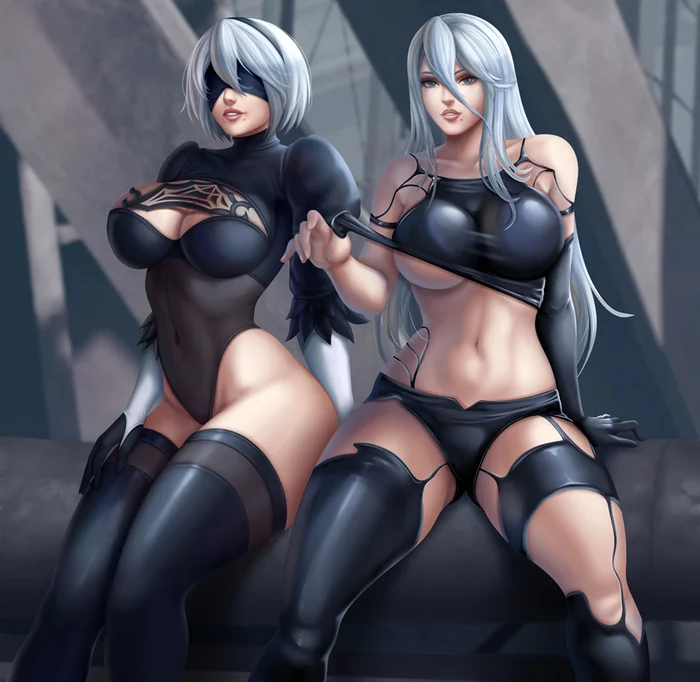 2b and A2 - NSFW, Flowerxl, NIER, NIER Automata, Yorha unit No 2 type B, Yorha unit No 2 type a, Игры, Арт