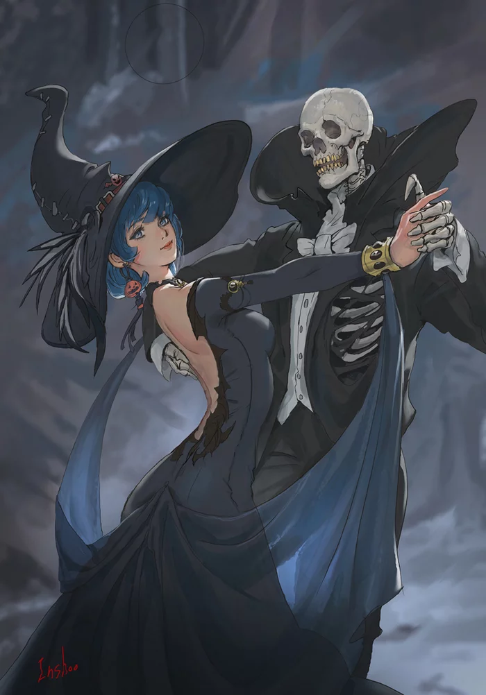 Witch and Skeleton Dance - Арт, Рисунок, Фэнтези, Anime Art, In shoo, Ведьмы, Скелет, Танцы