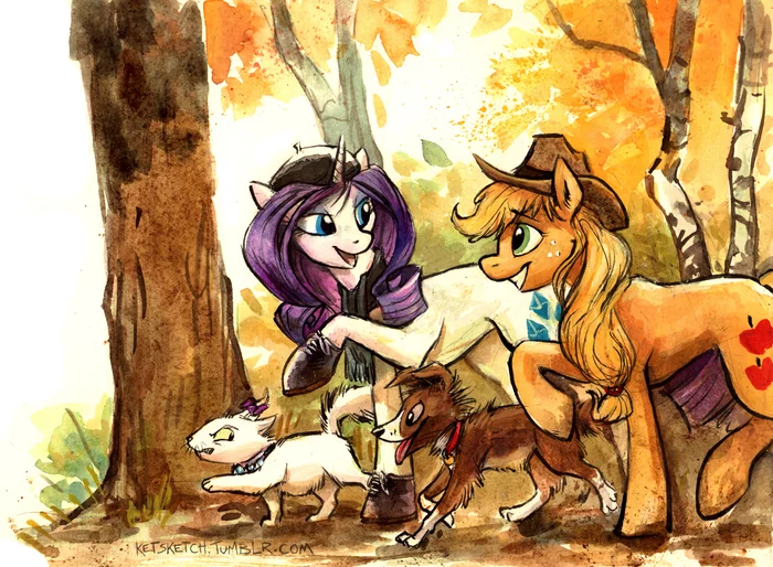 Fall Stroll - My little pony, Rarity, Applejack, Opalescence, Winona, Autumn, Walk, Kenket