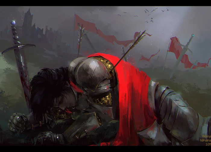 The Last Knight. - My, Art, Knights, Battle, Wound, Battlefield, Sword, Digital drawing, Armor