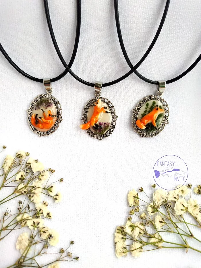 Foxes with flowers - My, Fox, Suspension, Needlework without process, Creation, Polymer clay