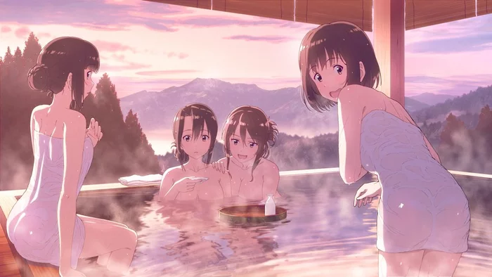 Myoukou sisters in the onsen - Kantai Collection, Аниме, Anime Art, Горячие источники, Myoukou, Nachi, Ashigara, Haguro