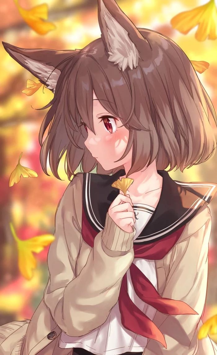 Autumn fox - Anime, Anime art, Original character, Animal ears, Seifuku