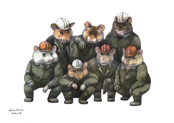 workers - My, Art, Illustrations, Hamster, Drawing, Graphics, Workers, Watercolor, Factory