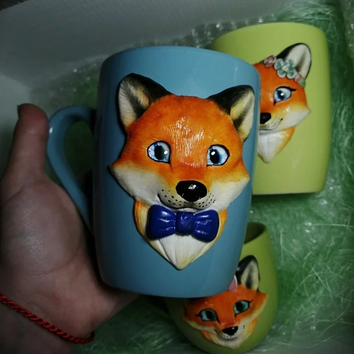 Set of mugs Fox Family - My, Polymer clay, Fox, Mug with decor, Needlework without process, Кружки, fox family, Longpost