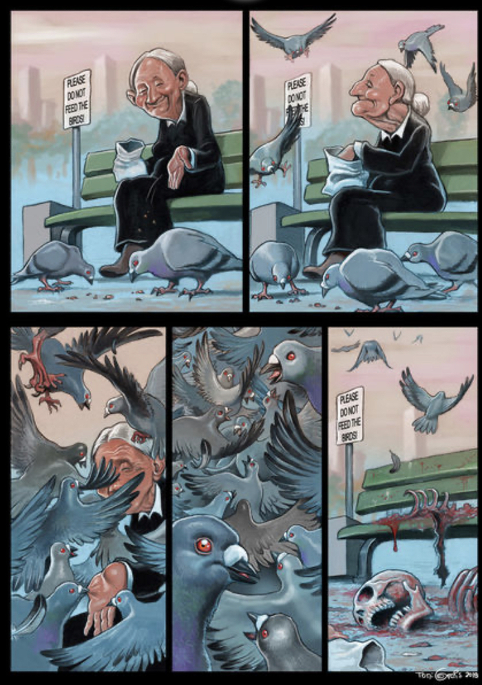 Уж сколько раз твердили людям, чтоб не кормили голубей. Они сожрут вас вместе с хлебом...О‘кей