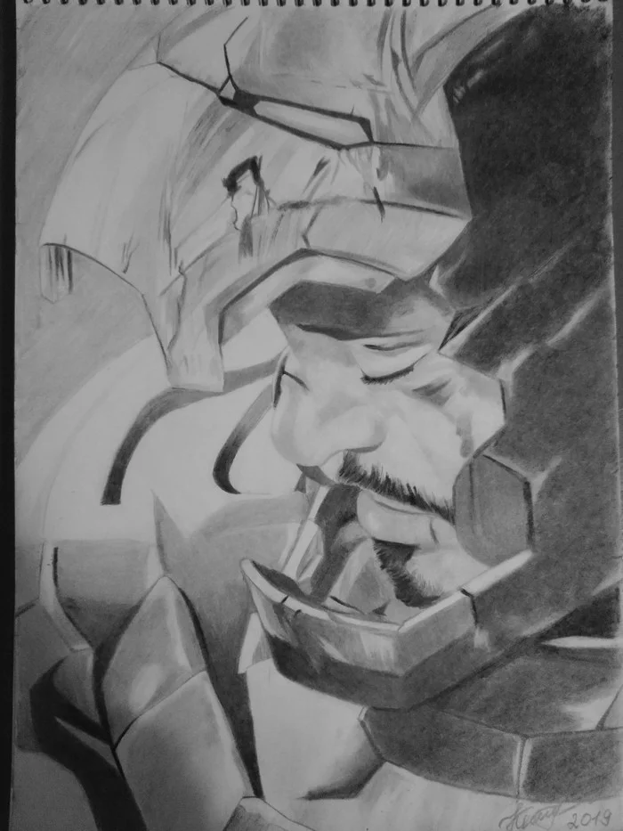 Iron Man in pencil - My, Pencil drawing, Realism, Black and white, Comics, iron Man, Tony Stark, Marvel