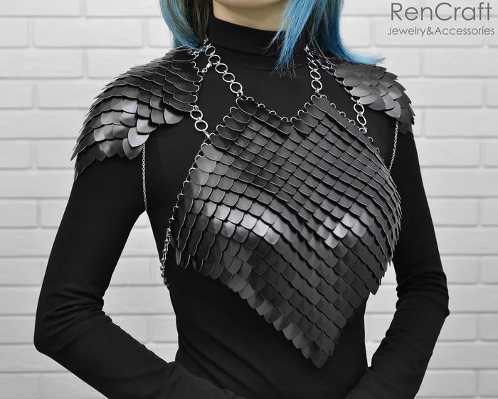 Black scale set - My, Needlework without process, Longpost, Chain mail jewelry, Decoration, Armor, Shoulders, Bib