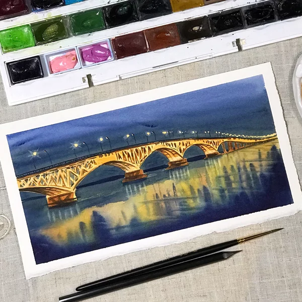 Volga landscapes - My, Watercolor, Landscape, Saratov, Bridge, Art, Volga river