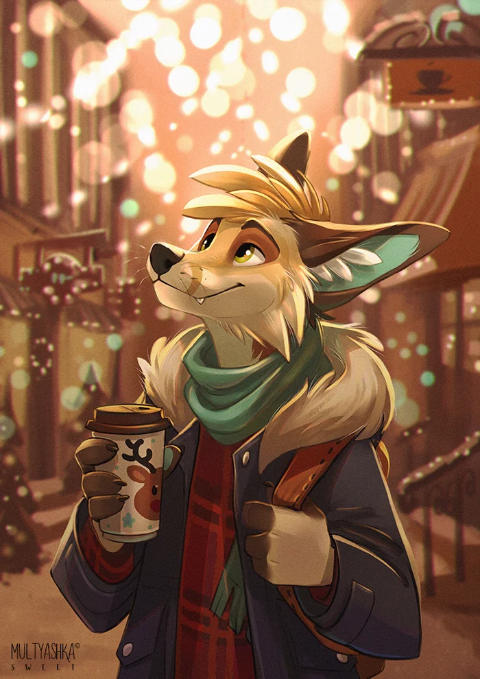 holiday lights - Furry, Art, Multyashka-Sweet, Fox, Christmas