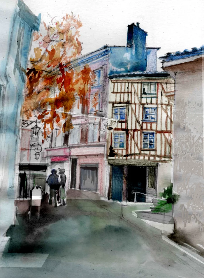 Street in Limoges, sketch - My, Sketch, Watercolor, Pencil, Drawing, Limoges