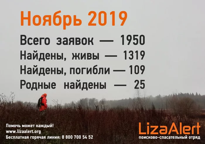 Статистика отряда «Лиза Алерт» за ноябрь 2019 года - Моё, Лиза Алерт, Поиск людей, Добровольцы