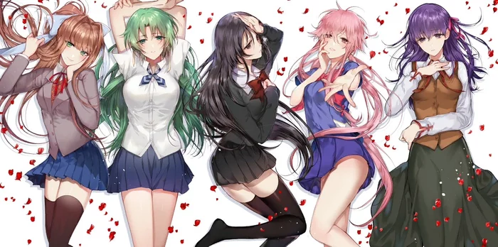 The girls that did everything for love - Anime art, Anime, Monika, Katsura Kotonoha, Yuno gasai, Matou sakura, Crossover, School Days, Mirai Nikki, Fate, Doki Doki Literature Club