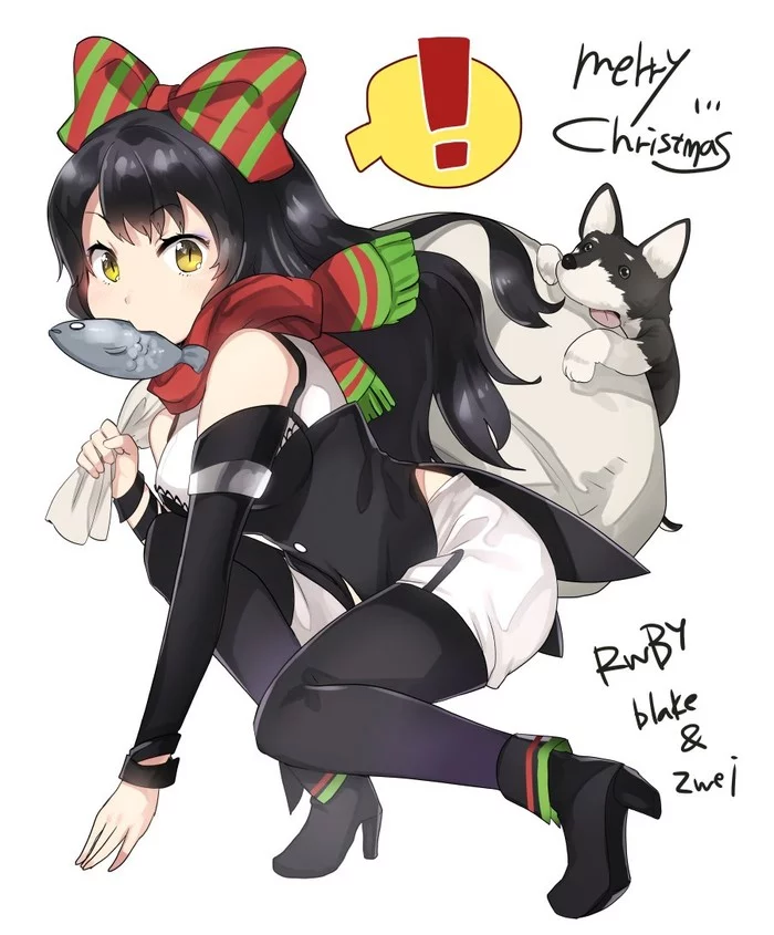 Team RWBY's main mascot and some dog wish you a Merry Christmas! Me too, late/early :) - RWBY, Blake belladonna, Zwei, Anime, Not anime, Anime art