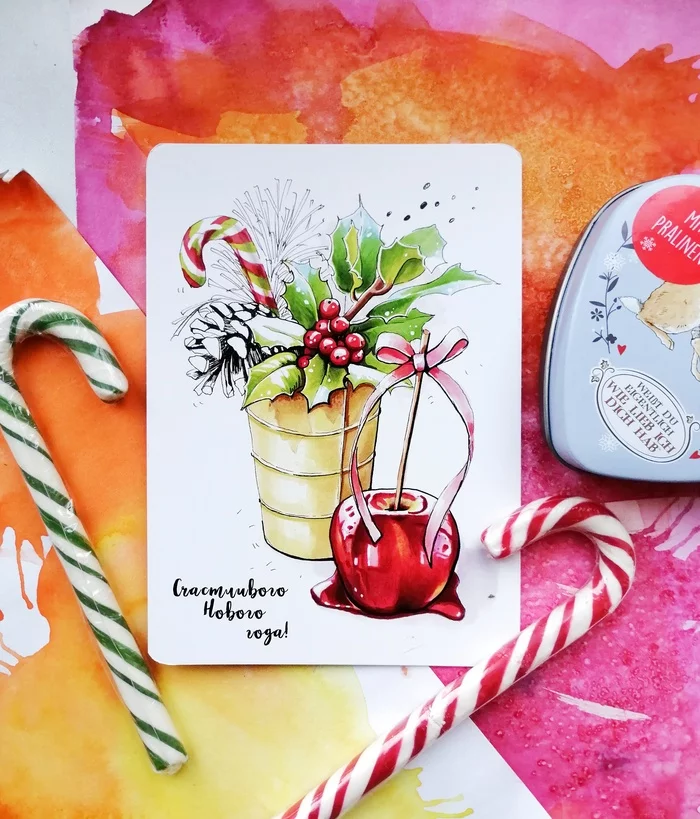 New Year cards-2 - My, New Year card, Apples, Sketch, Sketchbook, Alcohol markers, Liner, Holidays, Postcard